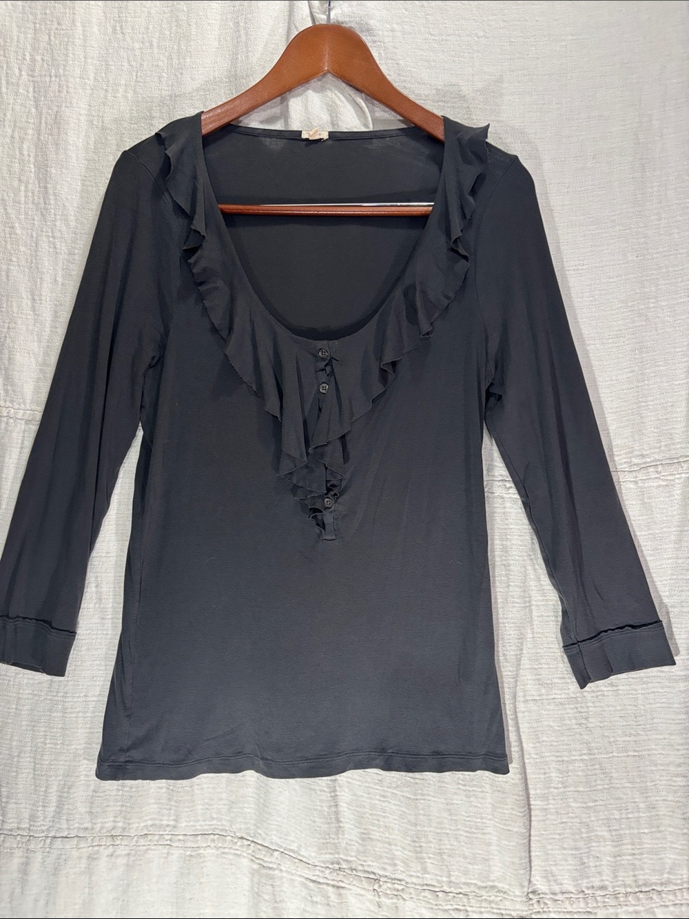 J. Crew Black 100% Cotton Ruffle Scoop-Neck 3/4 Sleeve Top Size XL